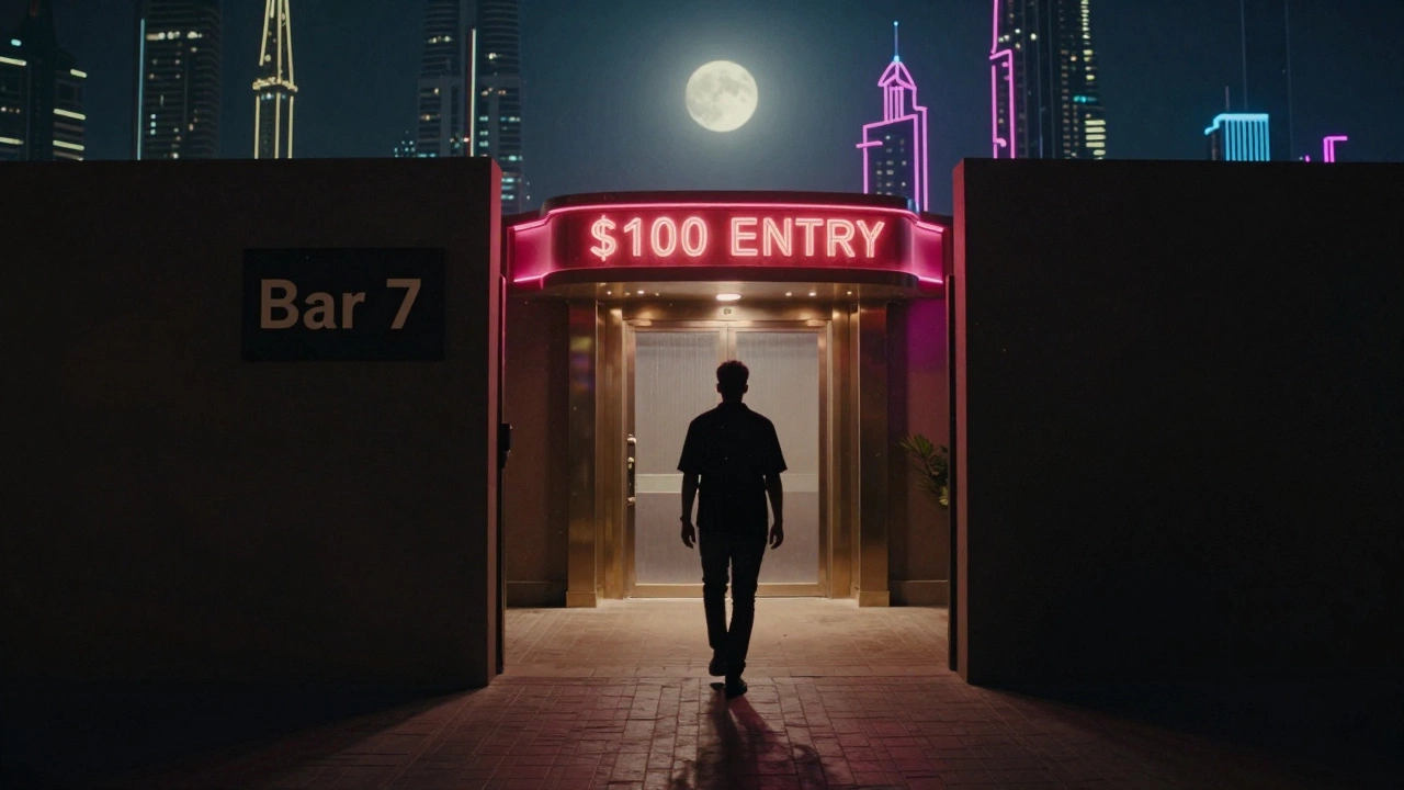 A man walking away from an expensive club entrance toward a hidden doorway under the Dubai skyline.