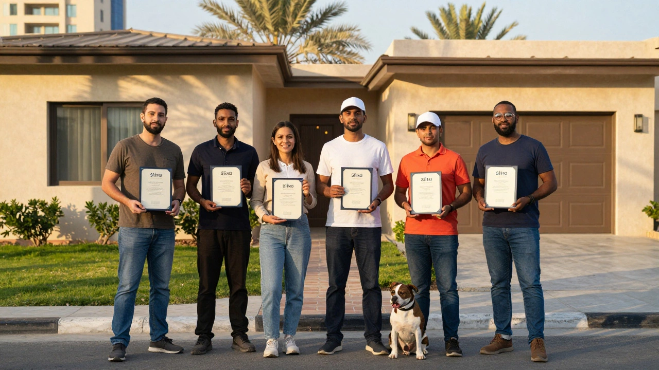 Independent service workers in Dubai holding verification certificates in natural sunlight.